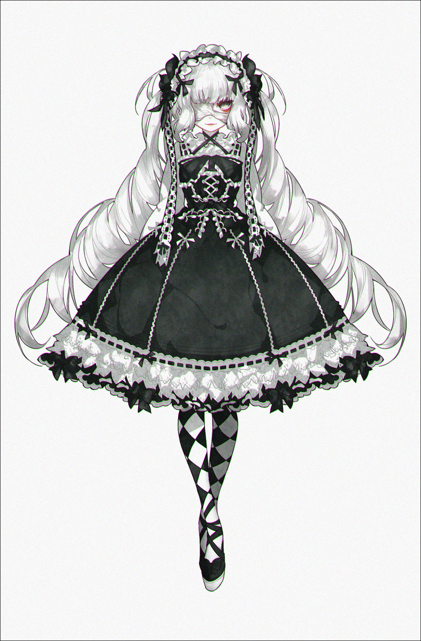 1girl argyle argyle_legwear arms_at_sides bandage_over_one_eye black_dress black_shoes chromatic_aberration criss-cross_halter dress drill_hair frills full_body gothic_lolita green_eyes hairband halterneck highres iralion lolita_fashion lolita_hairband long_hair looking_at_viewer original parted_lips platform_footwear ribbon-trimmed_dress shoes silver_hair smile solo standing twin_drills twintails very_long_hair white_background white_hair