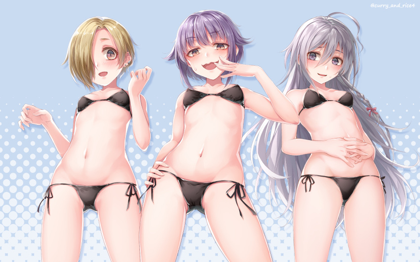 10s 3girls ahoge bikini black_bikini blush breasts brown_eyes grey_eyes hair_over_one_eye hand_on_hip highres hoshi_shouko idolmaster idolmaster_cinderella_girls ishihara_(kuniyoshi) koshimizu_sachiko long_hair multiple_girls navel open_mouth shirasaka_koume short_hair side-tie_bikini silver_hair skindentation small_breasts smile swimsuit twitter_username