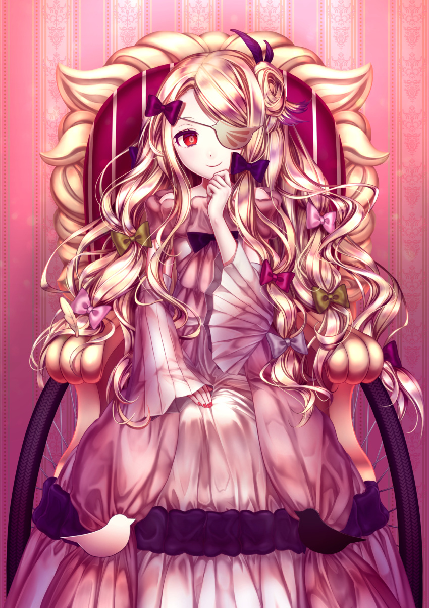 blonde_hair bow closed_mouth daisan_oujo detached_sleeves dress eyepatch green_bow hair_bow highres long_hair long_sleeves mahou_shoujo_ikusei_keikaku mahou_shoujo_ikusei_keikaku_restart nail_polish pfle pink_background pink_bow purple_bow red_bow red_eyes red_nails sitting sleeves_past_wrists smile very_long_hair wavy_hair wheelchair