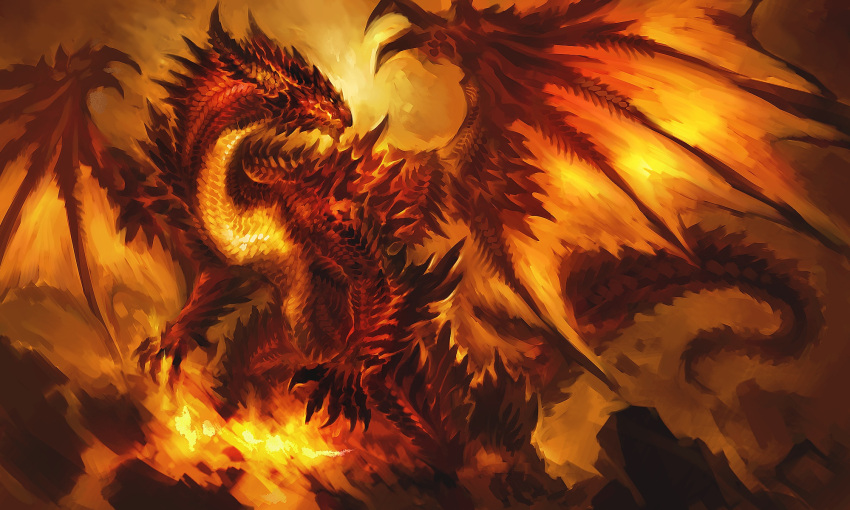 dragon fire highres masaki_(monster) no_humans orange_(color) pixiv_fantasia pixiv_fantasia_revenge_of_the_darkness