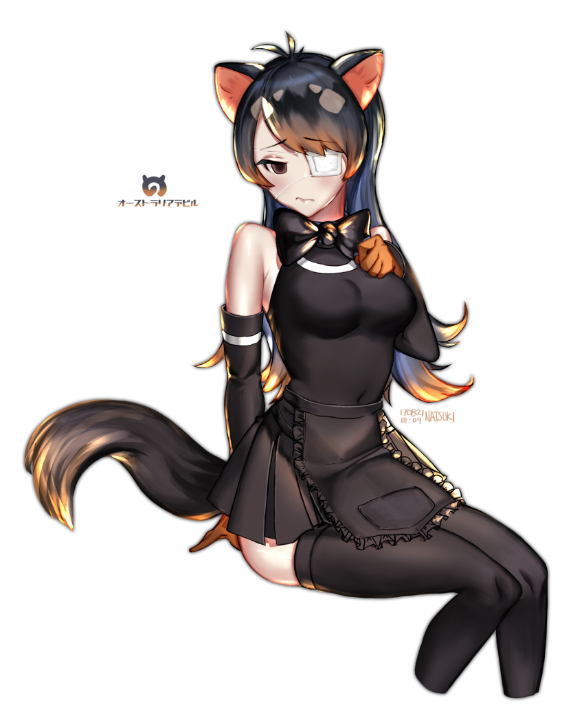 1girl :/ absurdres apron artist_name australian_devil_(kemono_friends) black_bow black_bowtie black_hair black_legwear black_skirt bow bowtie breast_suppress breasts brown_eyes brown_gloves brown_hair closed_mouth commentary_request cropped_legs dated detached_sleeves eyepatch fang_out frilled_apron frills gloves highres japari_symbol kemono_friends medical_eyepatch medium_breasts multicolored_hair natsuojisan number pleated_skirt shirt sitting skirt sleeveless sleeveless_shirt solo tail tasmanian_devil_ears tasmanian_devil_tail thigh-highs timestamp waist_apron