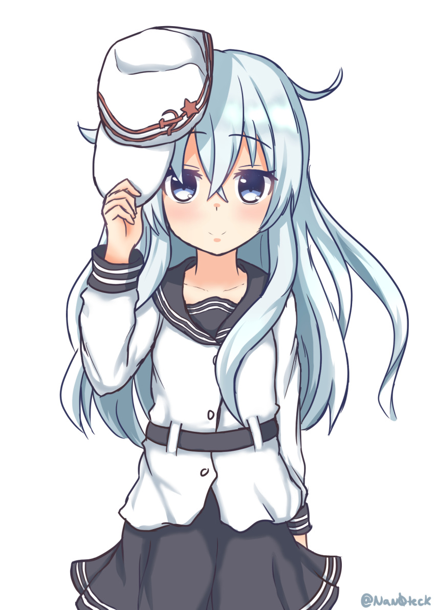 1girl black_skirt blue_eyes blue_hair blush closed_mouth collarbone eyebrows_visible_through_hair hammer_and_sickle hat hat_removed headwear_removed hibiki_(kantai_collection) highres holding holding_hat kantai_collection long_hair looking_at_viewer nan0teck skirt smile solo verniy_(kantai_collection) white_hat