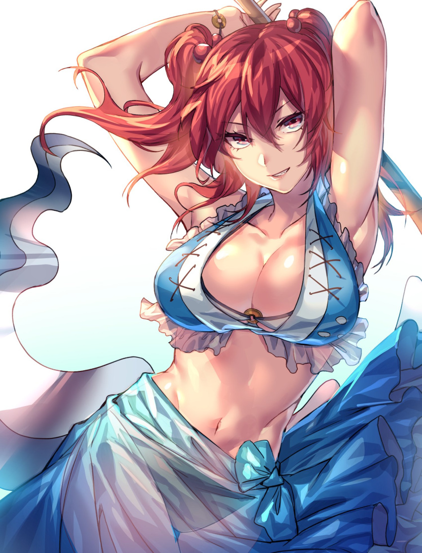 1girl armpits arms_behind_head bare_arms bikini blue_bikini breasts cleavage collarbone cowboy_shot frilled_bikini frills hair_bobbles hair_ornament highres holding large_breasts looking_at_viewer navel o-ring o-ring_bikini o-ring_top onozuka_komachi red_eyes redhead scythe see-through simple_background smile solo stomach swimsuit touhou two_side_up uu_uu_zan white_background