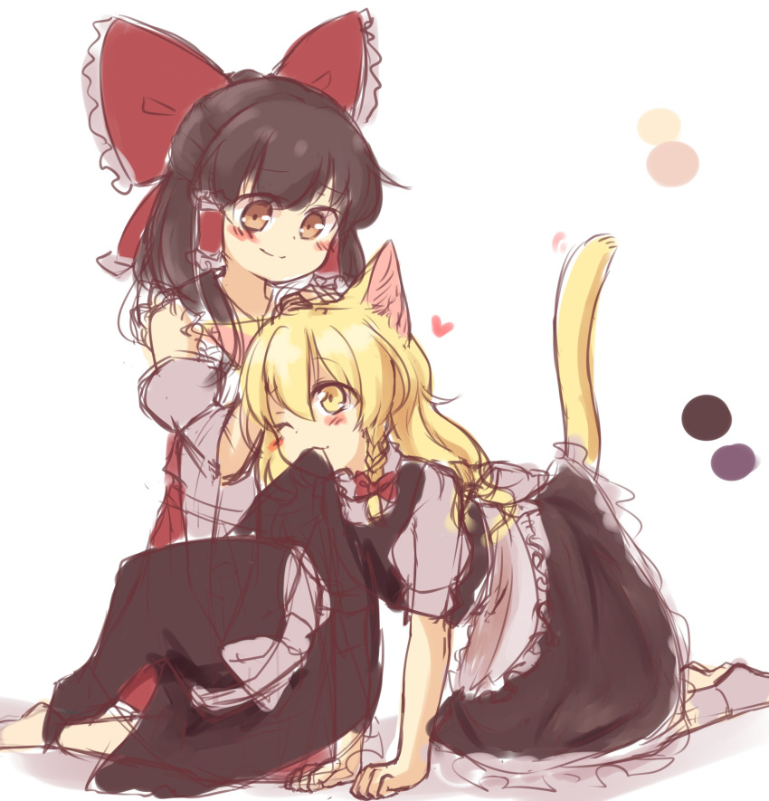 2girls ;) absurdres all_fours animal_ears blonde_hair blush bow brown_eyes brown_hair cat_ears cat_tail chocolate_hair detached_sleeves hair_bow hair_tubes hakurei_reimu heart highres kirisame_marisa long_hair lovestruck medium_hair mouth_hold multiple_girls one_eye_closed pet_play petting puffy_short_sleeves puffy_sleeves riza_dxun short_sleeves sitting sketch skirt skirt_set smile socks tail touhou vest wariza wavy_hair yellow_eyes yuri