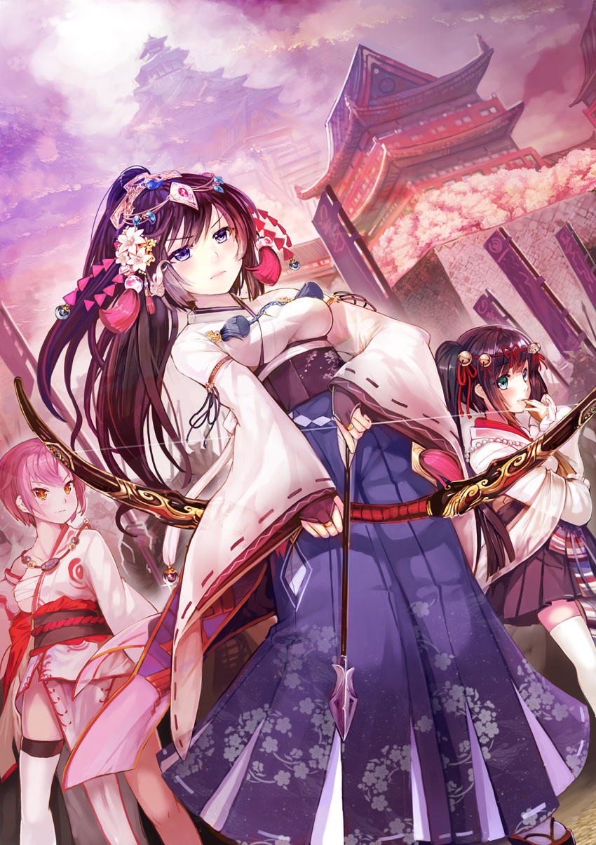 3girls architecture bible_bullet bilibili_douga black_hair black_skirt blue_eyes blue_hakama bow_(weapon) breasts bridal_gauntlets collarbone dutch_angle east_asian_architecture eyebrows_visible_through_hair from_below green_eyes hair_ornament hair_ribbon hakama heterochromia high_ponytail highres holding holding_arrow holding_bow_(weapon) holding_weapon japanese_clothes kimono long_hair medium_breasts miniskirt multiple_girls obi outdoors pink_hair pleated_skirt red_eyes red_ribbon ribbon sarashi sash short_hair skirt spirtie standing thigh-highs twintails under_boob very_long_hair weapon white_kimono white_legwear zettai_ryouiki