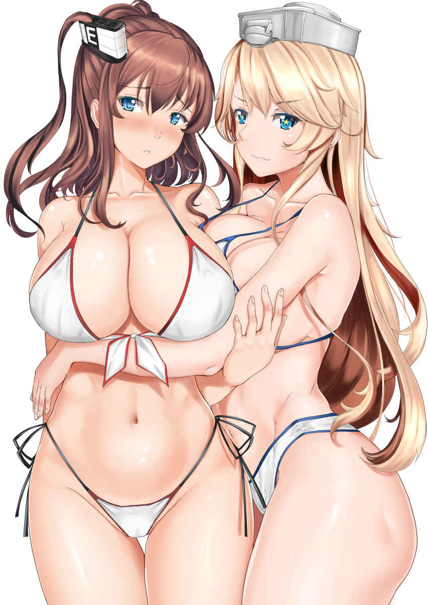 10s 2girls :3 :o absurdres alternate_costume arm arm_behind_back arm_grab asymmetrical_docking bangs bare_arms bare_legs bare_shoulders bikini blonde_hair blue_eyes blush breast_hold breast_press breasts brown_hair chiyo_goya cleavage closed_mouth collarbone commentary couple eyebrows_visible_through_hair female front-tie_top hair_between_eyes hair_ornament hand_on_another's_arm hat highleg highleg_bikini highleg_swimsuit highres hug huge_breasts iowa_(kantai_collection) kantai_collection large_breasts legs long_hair looking_at_viewer midriff multiple_girls mutual_yuri naughty_face navel neck one_side_up parted_lips saratoga_(kantai_collection) shy side-tie_bikini simple_background smile standing star star-shaped_pupils strap_gap swimsuit symbol-shaped_pupils thigh_gap thighs very_long_hair white_background white_bikini white_swimsuit yuri