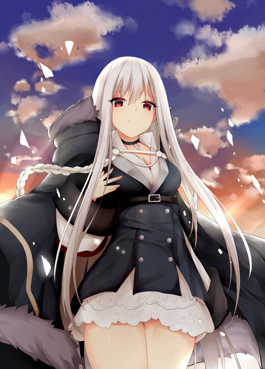 1girl absurdres blush breasts chixiao cleavage closed_mouth eyebrows_visible_through_hair girls_frontline highres kar98k_(girls_frontline) large_breasts long_hair looking_at_viewer red_eyes smile solo white_hair