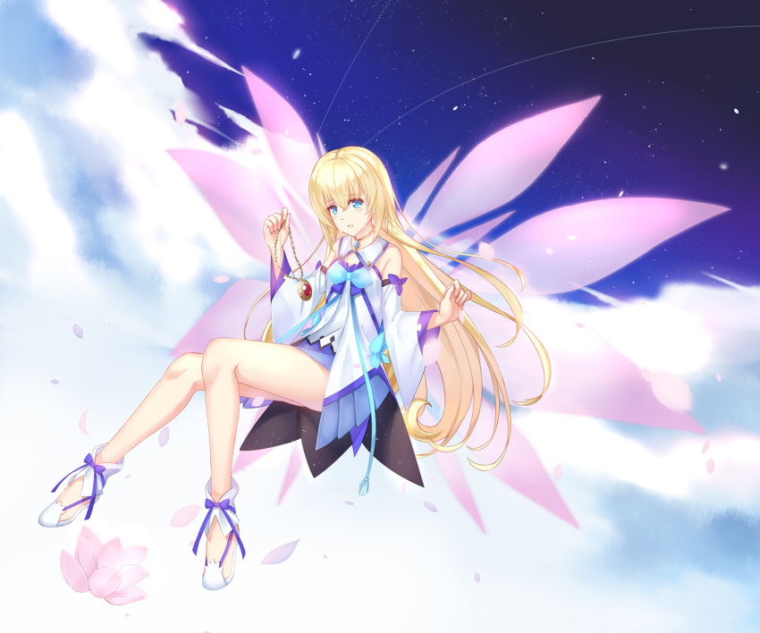 1girl blonde_hair blue_eyes blush clouds collet_brunel commentary crying crying_with_eyes_open detached_sleeves dress eyebrows_visible_through_hair flower full_body hair_between_eyes head_tilt highres holding_necklace jewelry knees_together_feet_apart long_hair looking_at_viewer necklace nichts_(nil) parted_lips petals shoes sky solo tales_of_(series) tales_of_asteria tales_of_symphonia tears transparent_wings very_long_hair white_shoes