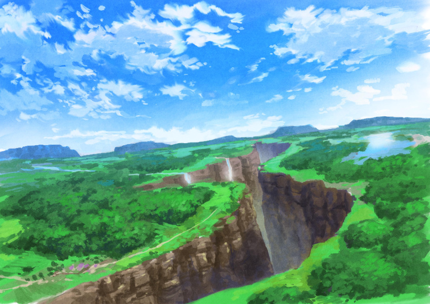 absurdres blue_sky canyon chasm clouds cloudy_sky day field grass highres hirota_(masasiv3) horizon lake mountainous_horizon no_humans outdoors road scenery sky tree