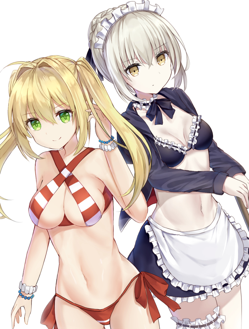 2girls ahoge apron artoria_pendragon_(all) artoria_pendragon_(swimsuit_rider_alter)_(fate) bikini black_bikini blonde_hair bracelet breasts choker fate/grand_order fate_(series) frilled_apron frilled_choker frills green_eyes hair_intakes halterneck highres hosaka_(user_xudc3575) jewelry leg_garter long_hair looking_at_viewer maid_bikini maid_headdress medium_breasts multiple_girls navel nero_claudius_(swimsuit_caster)_(fate) saber_alter saber_extra short_hair side-tie_bikini silver_hair smile striped striped_bikini swimsuit twintails yellow_eyes