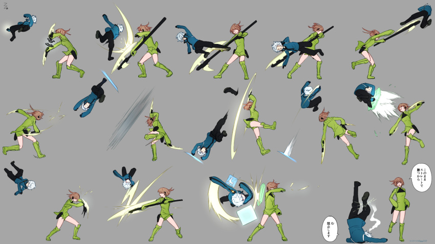 1boy 1girl albino amputee arms_up attack axe battle black_pants blocking blue_jacket bob_cut brown_hair clash covered_eyes dodging dual_wielding duel faceplant facing_away futabaaf gloves grasshopper_(world_trigger) green_footwear green_gloves green_shorts grey_background hair_flaps hair_over_eyes hair_over_one_eye headphones highres holding holding_axe holding_weapon jacket jumping konami_kirie kuga_yuuma legs_apart long_sleeves midair o3o one_eye_covered outstretched_arm pants red_eyes scabbard severed_limb sheath shield short_hair shorts simple_background slashing smoke speech_bubble standing translation_request two-handed uniform upside-down weapon white_hair world_trigger