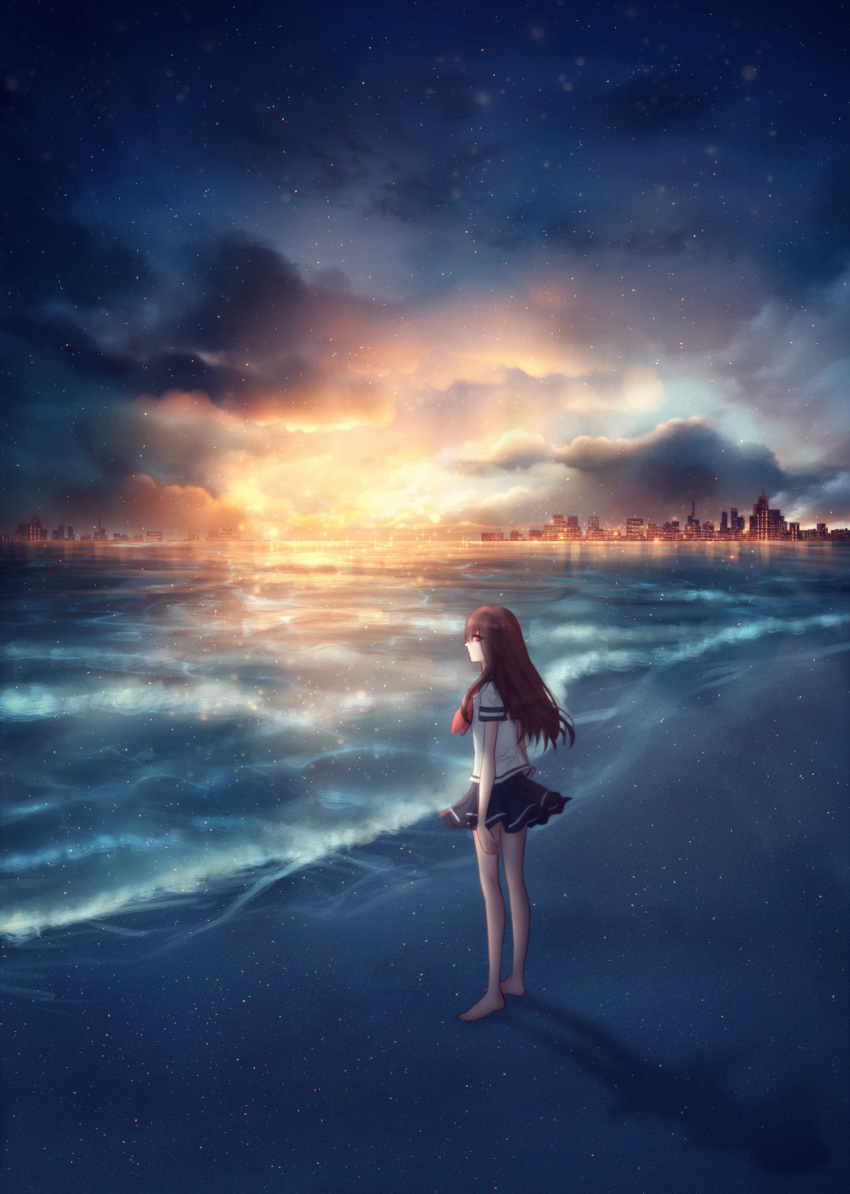 1girl barefoot black_skirt brown_eyes brown_hair city clouds cloudy_sky czy_(2894456992) highres long_hair looking_at_viewer neckerchief ocean original red_neckerchief school_uniform serafuku skirt sky solo