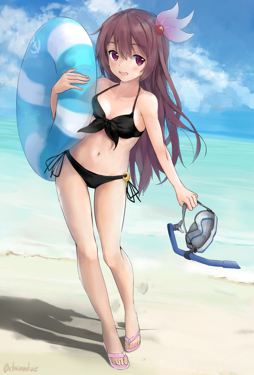 10s 1girl absurdres beach bikini black_bikini brown_hair chamu_(chammkue) clouds crescent crescent_moon_pin diving_mask diving_mask_removed front-tie_top full_body hair_ornament highres innertube kantai_collection kisaragi_(kantai_collection) long_hair looking_at_viewer navel open_mouth outdoors sandals side-tie_bikini sky snorkel solo standing swimsuit twitter_username violet_eyes