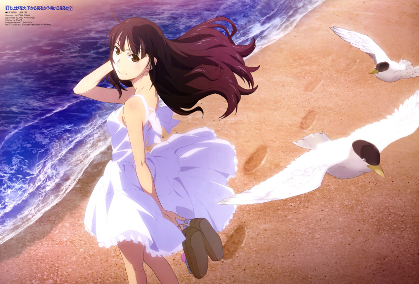 absurdres artist_name beach bird black_hair brown_eyes copyright_name day dress floating_hair from_side hand_in_hair highres long_hair official_art oikawa_nazuna ooking_at_viewer outdoors shoes_removed sleeveless sleeveless_dress standing sundress suwa_koma uchiage_hanabi_shirta_kara_miru_ka?_yoko_kara_miru_ka? white_dress