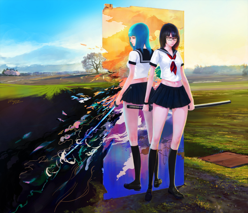 2girls artist_name back-to-back black-framed_eyewear black_hair black_legwear black_shoes blue_hair closed_mouth commentary crop_top fantasy from_behind full grass highres holding katana kneehighs loafers long_hair multiple_girls necktie outdoors pleated_skirt red_necktie sailor_collar scenery sheath sheathed shoes short_sleeves signature skirt standing stomach sword tree wayne_chan weapon