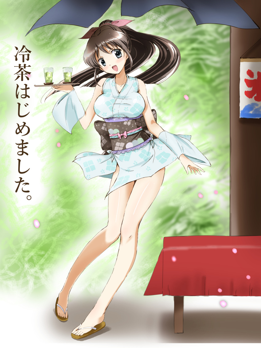 1girl :d breasts brown_hair commentary_request cup drinking_glass green_eyes green_tea highres japanese_clothes kimono kinfuji large_breasts looking_at_viewer open_mouth original sandals short_kimono sleeveless smile solo tea translated