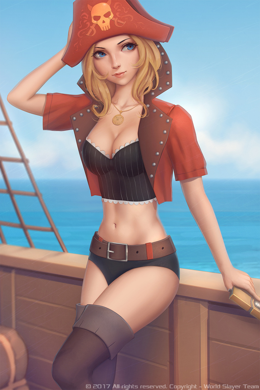 1girl arm_at_side belt blonde_hair blue_eyes blue_sky boots breasts brown_belt brown_boots cleavage closed_mouth crop_top day hand_on_head highres jewelry looking_to_the_side medium_breasts miura-n315 navel necklace outdoors red_eyes ship short_sleeves skull sky solo stomach striped sunlight thigh-highs thigh_boots vertical_stripes watercraft