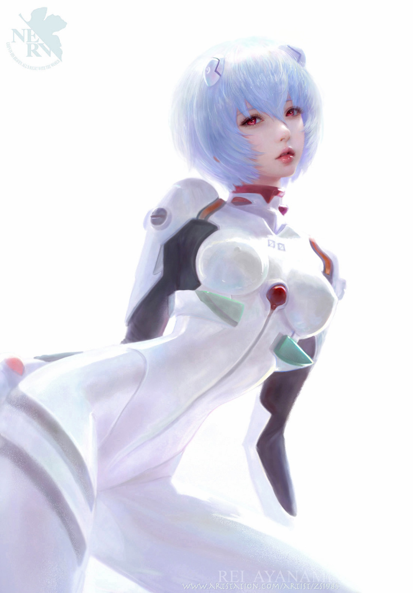 1girl artist_name artstation_username ayanami_rei bangs blue_hair bodysuit breasts copyright_request erect_nipples eyelashes hair_between_eyes head_tilt highres lips long_hair looking_at_viewer medium_breasts neon_genesis_evangelion nose parted_lips red_eyes red_lips ruoxin_zhang short_hair simple_background solo watermark web_address white_background white_bodysuit