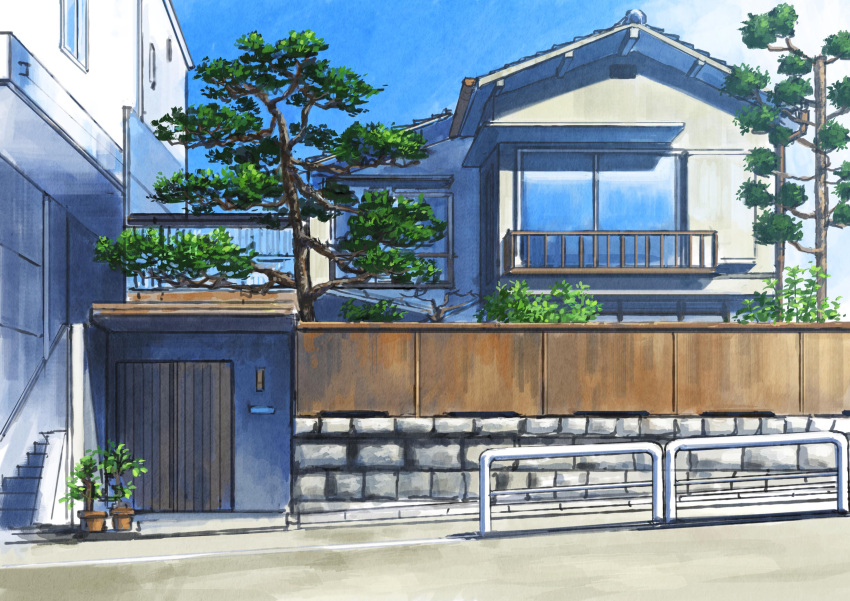 absurdres balcony blue_sky bush clouds day door grass highres hirota_(masasiv3) house no_humans outdoors plant potted_plant railing road scenery sky stairs stone_wall street town tree wall window wooden_wall