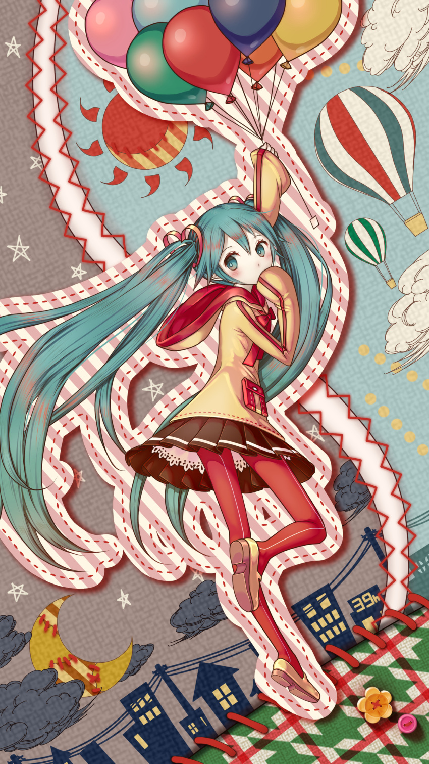 1girl absurdres arm_up balloon blush bow bowtie brown_shoes brown_skirt building buttons clouds covering_mouth crescent_moon daisan_oujo from_behind from_side full_body green_eyes green_hair hair_between_eyes hatsune_miku highres holding hood hoodie hot_air_balloon loafers long_hair looking_back moon outline pleated_skirt power_lines red_bow red_bowtie red_legwear shoes skirt sleeves_past_wrists solo star stitches sun twintails very_long_hair vocaloid