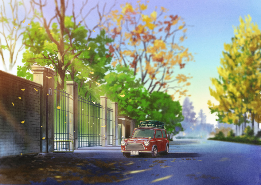 absurdres autumn_leaves bare_tree blue_sky car day evening gate ground_vehicle highres hirota_(masasiv3) mini_cooper motor_vehicle no_humans outdoors road scenery sky street tree wall