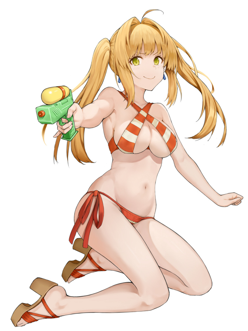 &gt;:) 1girl ahoge aiming_at_viewer bangs bare_legs bikini blonde_hair breasts c: cleavage closed_mouth criss-cross_halter earrings eyebrows_visible_through_hair fate/grand_order fate_(series) folded_leg full_body green_eyes hair_intakes halterneck highres jewelry large_breasts legs_up long_hair looking_at_viewer navel nero_claudius_(swimsuit_caster)_(fate) pinky_out saber_extra sandals shooene side-tie_bikini simple_background smile solo striped striped_bikini swimsuit thighs twintails water_gun white_background white_bikini
