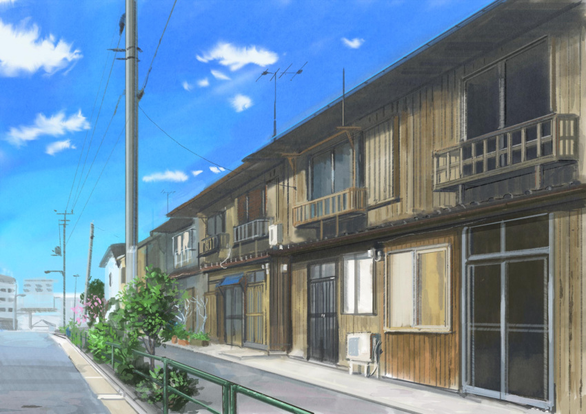 balcony blue_sky building bush clouds day door highres hirota_(masasiv3) house no_humans outdoors plant potted_plant railing scenery sky telephone_pole town tree utility_pole window