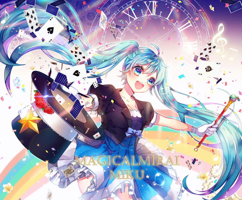 1girl black_hat blue_eyes blue_hair blush card character_name copyright_name eyebrows_visible_through_hair hat hatsune_miku holding holding_hat long_hair looking_at_viewer magical_mirai_(vocaloid) musical_note open_mouth playing_card shina_(sbk951121) smile solo top_hat twintails vocaloid
