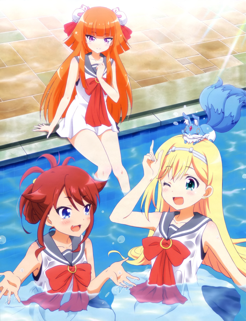 3girls ;d absurdres animal animal_on_head arm_support arm_up blonde_hair blue_eyes bow brown_hair collarbone day dress eyebrows_visible_through_hair fang green_eyes hair_ribbon hairband highres hina_logi_~from_luck_&amp;_logic~ kyoubashi_mahiro liones_yelistratova long_hair luck_&amp;_logic luck_and_logic multiple_girls official_art on_head one_eye_closed open_mouth orange_hair outdoors pool red_bow red_ribbon ribbon see-through short_dress sleeveless sleeveless_dress smile soaking_feet sunlight tachibana_yayoi_(luck_&amp;_logic) very_long_hair violet_eyes wet wet_clothes wet_dress white_dress white_hairband