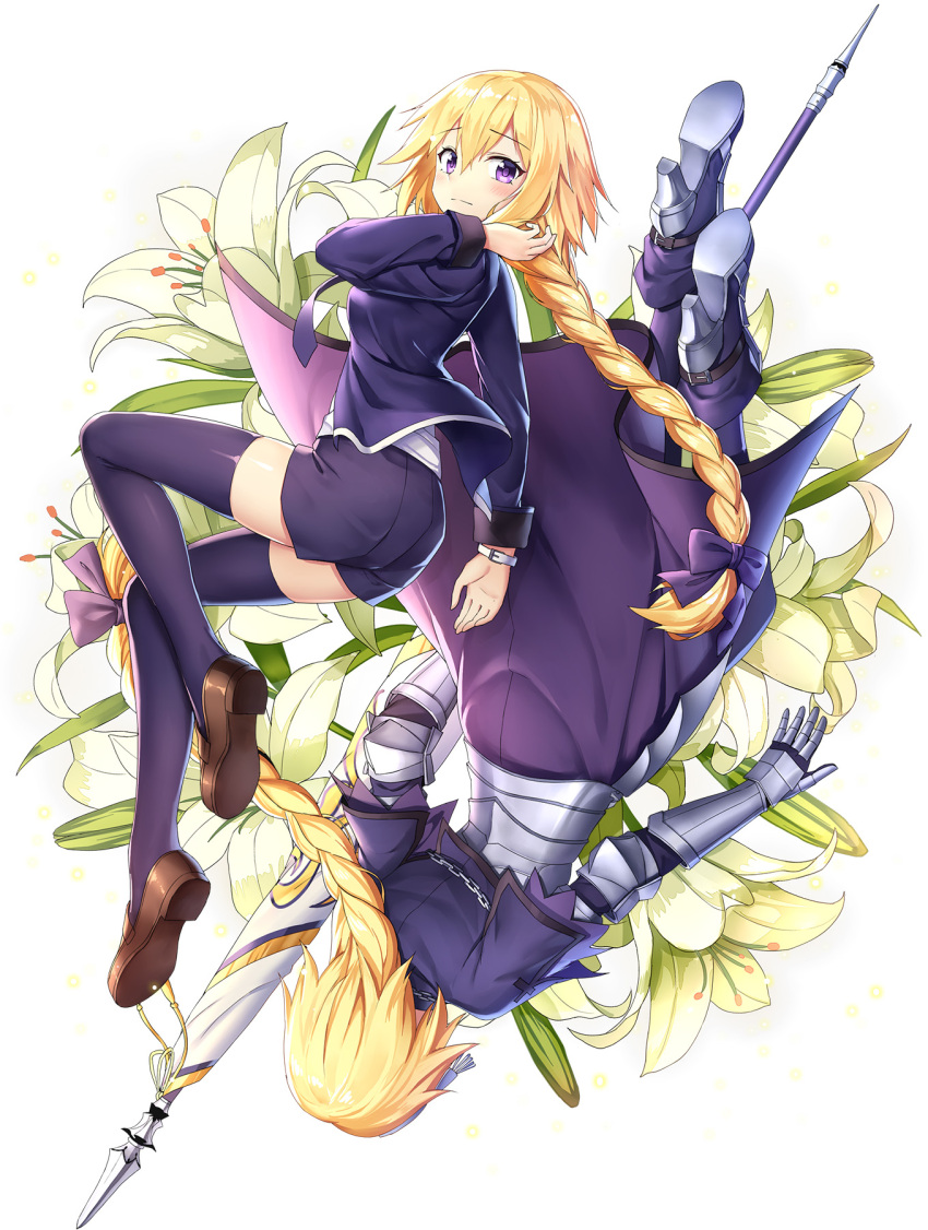 1girl armor armored_boots armored_dress black_bow black_jacket black_legwear black_necktie black_shorts blonde_hair boots bow braid drogoth dual_persona eyebrows_visible_through_hair fate/apocrypha fate_(series) guantelrs hair_bow highres holding holding_weapon jacket long_hair looking_at_viewer low-tied_long_hair necktie open_clothes open_jacket ruler_(fate/apocrypha) shirt short_shorts shorts simple_background solo thigh-highs very_long_hair violet_eyes watch watch weapon white_background white_shirt