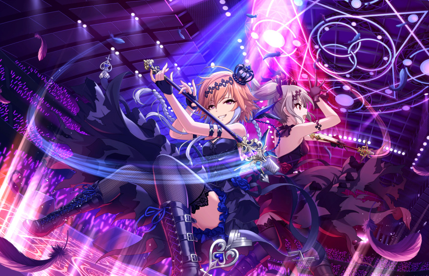 2girls artist_request back bangs blue_rose boots braid chuunibyou crown dark_illuminate dress eyelashes feathers fishnet_legwear fishnets flower gloves grey_hair grin hair_between_eyes hair_extensions hair_ornament holding idol idolmaster idolmaster_cinderella_girls idolmaster_cinderella_girls_starlight_stage kanzaki_ranko long_hair looking_at_viewer microphone_stand mini_crown multicolored_hair multiple_girls ninomiya_asuka official_art open_mouth orange_hair red_eyes red_rose rose short_hair smile stage thigh-highs twintails two-tone_hair violet_eyes