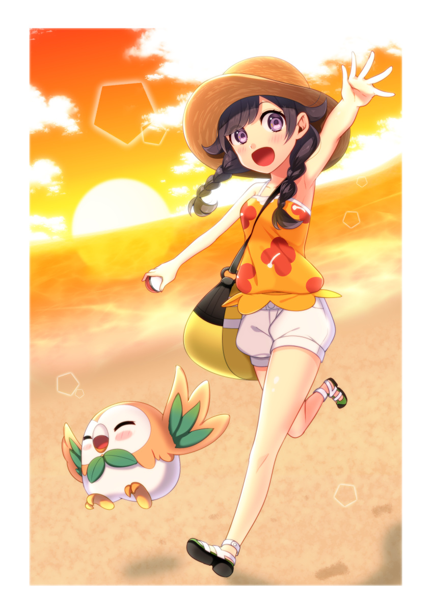 1girl :d absurdres arm_up bare_shoulders beach blouse braid closed_eyes clouds floral_print full_body happy hat highres mizuki_(pokemon_ultra_sm) ocean open_mouth orange_sky poke_ball pokemon pokemon_(creature) pokemon_(game) pokemon_ultra_sm rowlet sandals shorts sky smile sun sunset twin_braids violet_eyes waving yuihiko