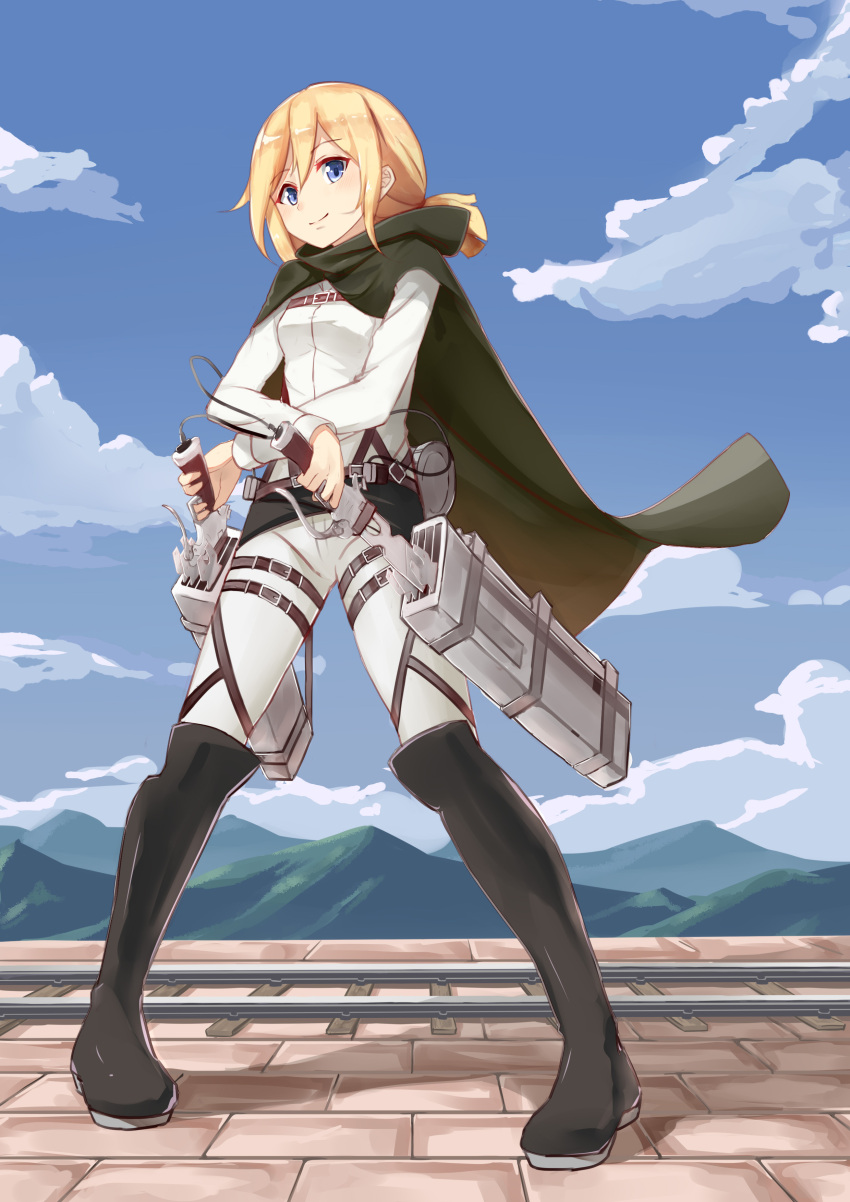 absurdres blonde_hair blue_eyes blue_sky blush boots cape christa_renz clouds day denim full_body highres jeans long_sleeves looking_at_viewer lulumiya_(abbb1233) pants ponytail railroad_tracks shingeki_no_kyojin sky smile standing three-dimensional_maneuver_gear weapon