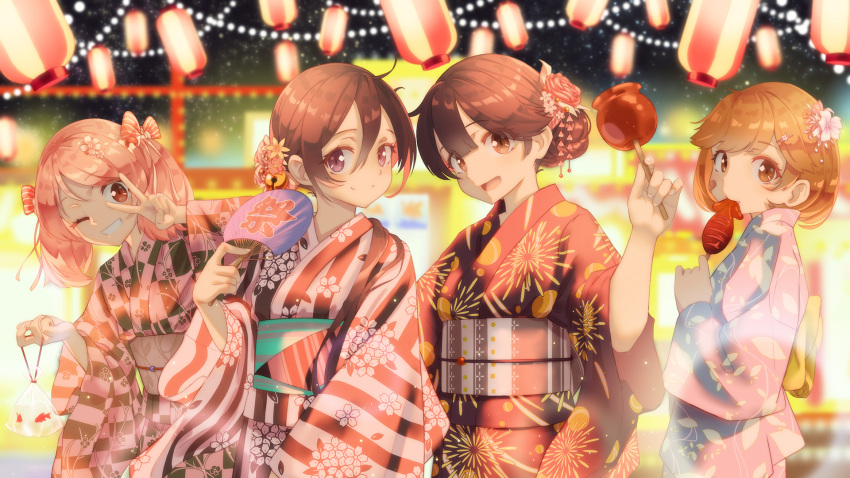 10s 4girls :d akebono_(kantai_collection) alternate_costume bandaid bandaid_on_face black_hair brown_eyes candy_apple fan fang food grin highres holding holding_fan holding_food ikayaki japanese_clothes kantai_collection kimono light_brown_hair long_hair matsukawa_li multiple_girls obi oboro_(kantai_collection) one_eye_closed open_mouth paper_fan pink_eyes pink_hair purple_hair sash sazanami_(kantai_collection) short_hair side_ponytail smile twintails uchiwa ushio_(kantai_collection) violet_eyes yukata