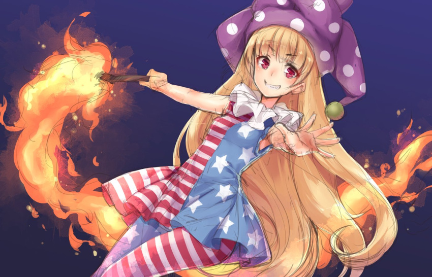 1girl american_flag_dress bangs bare_arms blonde_hair blue_background blush clownpiece cowboy_shot eyebrows_visible_through_hair fire frilled_shirt_collar frills hat holding jester_cap long_hair looking_at_viewer polka_dot red_eyes simple_background sleeveless smile solo torch touhou usotsuki_penta very_long_hair