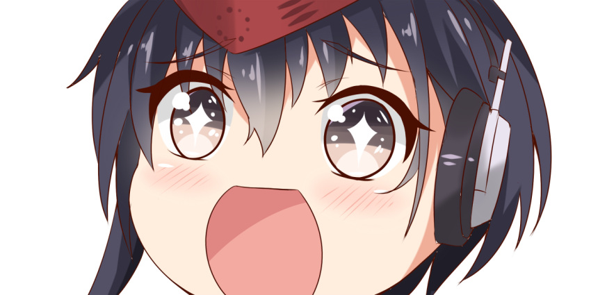 +_+ 1girl asymmetrical_hair black_hair brown_eyes close-up eyebrows_visible_through_hair hair_between_eyes hat headphones i-14_(kantai_collection) kantai_collection looking_at_viewer nahaki no_nose open_mouth short_hair simple_background solo sparkling_eyes symbol-shaped_pupils white_background
