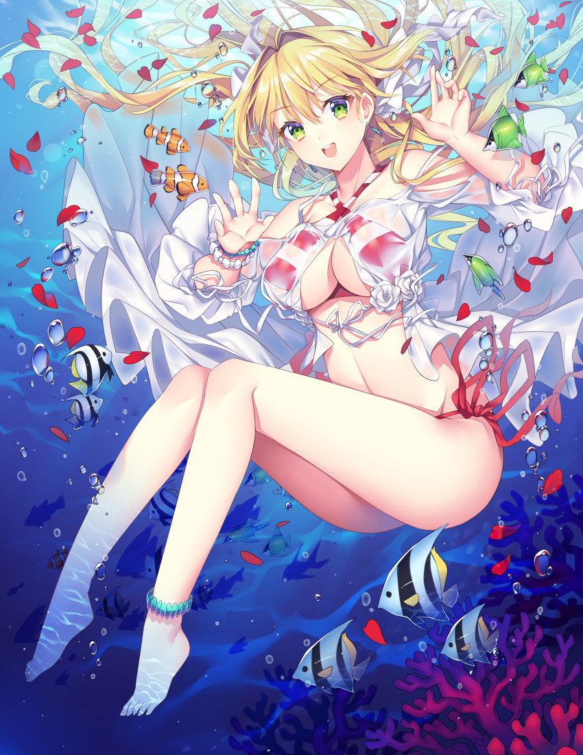 1girl absurdres anklet bangs barefoot bead_bracelet beads bikini blonde_hair bracelet breasts cleavage coral criss-cross_halter dress eyebrows_visible_through_hair fate/grand_order fate_(series) feet floating_hair gown green_eyes hair_between_eyes hair_intakes halter_top halterneck highres jewelry large_breasts long_hair looking_at_viewer may_(2747513627) navel nero_claudius_(swimsuit_caster)_(fate) open_mouth red_bikini saber_extra school_of_fish see-through side-tie_bikini smile solo striped striped_bikini swimsuit teeth thighs underwater white_bikini