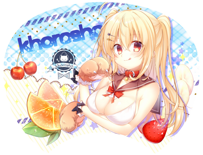 1girl :q banana banana_slice bangs bare_shoulders bell bell_collar belt_collar blonde_hair blush bra breasts brown_sailor_collar buckle cat_hair_ornament cherry chihiro_(khorosho) circle_name cleavage collar collarbone commentary_request cropped_torso eyebrows_visible_through_hair food fruit hair_between_eyes hair_ornament hairclip hand_up leaf long_hair looking_at_viewer medium_breasts orange orange_slice original paws red_collar red_eyes sailor_collar shadow solo sparkle star star_hair_ornament starry_background strawberry striped striped_background tongue tongue_out transparent_background two_side_up underwear upper_body white_bra