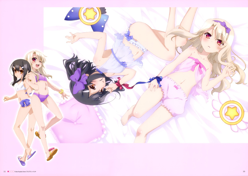 2girls ;d absurdres barefoot bed_sheet bikini black_hair blonde_hair blue_panties blue_ribbon bow brown_eyes collarbone copyright_name eyebrows_visible_through_hair fate/kaleid_liner_prisma_illya fate/stay_night fate_(series) feet flat_chest frilled_panties frills from_above full_body hair_bow hair_ornament hairband hairclip highres illyasviel_von_einzbern locked_arms long_hair looking_at_viewer lying midriff miyu_edelfelt multiple_girls navel on_back on_side one_eye_closed open_mouth page_number panties parted_lips pink_bow pink_shorts purple_bikini purple_bow purple_hairband red_eyes red_ribbon ribbon see-through shiny shiny_skin short_shorts shorts smile solo stomach strapless swimsuit toes underwear underwear_only white_bikini wrist_cuffs wrist_ribbon