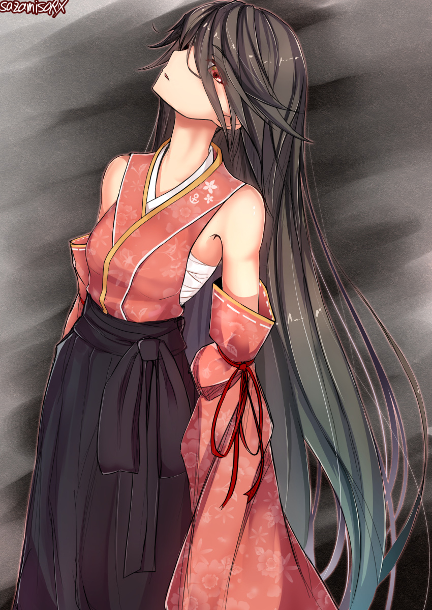 1girl absurdres adapted_costume alternate_eye_color artist_name bare_shoulders black_hair black_hakama detached_sleeves eyebrows_visible_through_hair eyes_visible_through_hair hakama highres houshou_(kantai_collection) japanese_clothes kantai_collection long_hair open_mouth red_eyes sarashi sazamiso_rx solo very_long_hair wide_sleeves