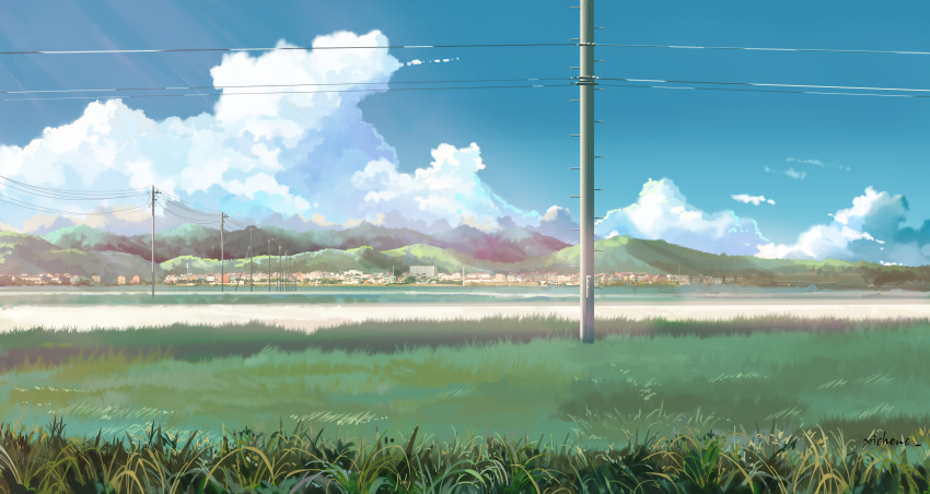 absurdres blue_sky cable city clouds cloudy_sky day grass highres hill mountain no_humans original river scenery sky telephone_pole utility_pole xi_chen_chen