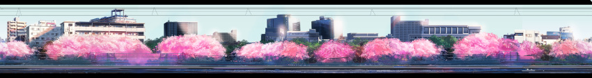 absurdres blue_sky building cable cherry_blossoms city commentary_request day fence highres house letterboxed long_image no_humans original panorama railroad_tracks scenery sky skyline wide_image xi_chen_chen