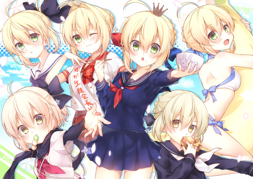 &gt;:) 6+girls :d :o ahoge arm_warmers artoria_pendragon_(all) artoria_pendragon_(swimsuit_archer) bangs bare_shoulders bikini black_neckerchief black_ribbon black_sailor_collar black_scarf black_serafuku blonde_hair blue_bikini blue_ribbon blue_sailor_collar blue_serafuku blue_skirt blue_sky blush bocchan_dango bow bowl bowtie braid breasts capsule_servant casual chestnut_mouth chihiro_(khorosho) chopsticks closed_mouth clouds cloudy_sky collarbone commentary_request cowboy_shot crown dango double-breasted eating eyebrows_visible_through_hair fate/extra fate/grand_order fate/stay_night fate/unlimited_codes fate_(series) food food_in_mouth food_on_face foreshortening fou_(fate/grand_order) french_braid green_eyes hair_between_eyes hair_bun hair_intakes hair_ribbon halter_top halterneck hamburger hand_on_own_chest hand_up highres holding holding_bowl holding_chopsticks koha-ace long_sleeves looking_at_viewer looking_back master_artoria medium_breasts mini_crown mouth_hold multiple_girls neckerchief one_eye_closed open_mouth outstretched_arm outstretched_hand parted_lips petals pink_shirt plaid plaid_bowtie plaid_skirt pleated_skirt ponytail reaching_out red_bow red_bowtie red_neckerchief red_ribbon red_skirt ribbon saber saber_alter saber_extra saber_lily sakura_saber scarf school_uniform serafuku shirt short_hair short_sleeves shoulder_blades side-tie_bikini sidelocks skirt sky smile sparkle standing star swimsuit wagashi white_bikini white_neckerchief white_shirt yellow_eyes