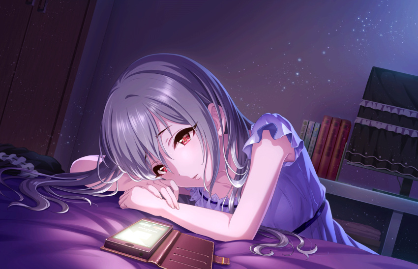 1girl artist_request bangs bed book cellphone hair_between_eyes hair_down idolmaster idolmaster_cinderella_girls idolmaster_cinderella_girls_starlight_stage kanzaki_ranko long_hair nightgown official_art phone raised_eyebrows red_eyes sad short_sleeves smartphone smartphone_case solo