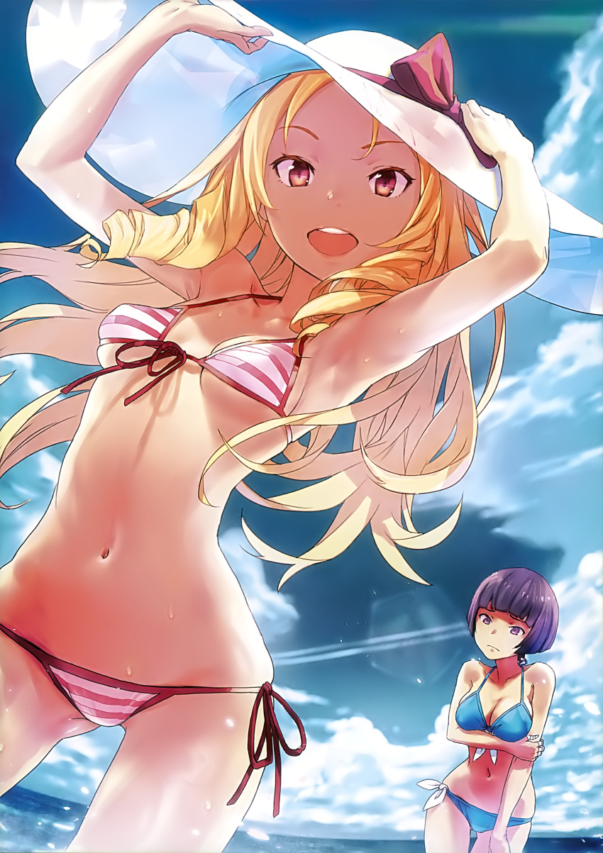 2girls :d absurdres armpits arms_up bandage bandaged_fingers bangs bikini blonde_hair blue_bikini blue_sky bow breast_hold breasts closed_mouth cowboy_shot day eromanga_sensei front-tie_bikini front-tie_top gluteal_fold hand_on_headwear hat hat_bow highres long_hair looking_at_viewer medium_breasts multiple_girls open_mouth outdoors parted_bangs pink_eyes purple_hair redjuice ringlets scan senju_muramasa short_hair side-tie_bikini sidelocks sky small_breasts smile striped striped_bikini sun_hat sweat swimsuit violet_eyes yamada_elf