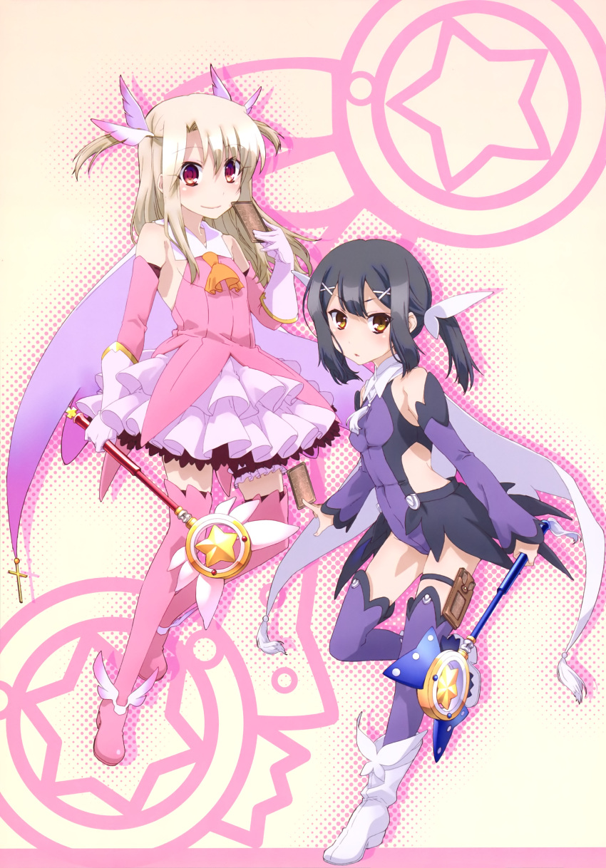 absurdres black_hair blonde_hair boots brown_eyes covered_navel detached_sleeves fate/kaleid_liner_prisma_illya fate_(series) feathers full_body gloves hair_feathers hair_ribbon highres holding holding_staff holster illyasviel_von_einzbern layered_skirt long_hair looking_at_viewer magical_girl miniskirt miyu_edelfelt one_leg_raised parted_lips pink_boots purple_legwear purple_loetard red_eyes ribbon sidelocks skirt smile staff standing thigh-highs thigh_boots thigh_holster two_side_up white_feathers white_gloves white_ribbon white_skirt