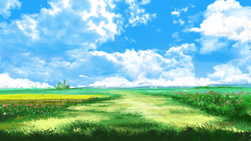 anchoku_0621 blue_sky clouds cloudy_sky commentary_request day fence field grass green highres original outdoors rural scenery sky summer