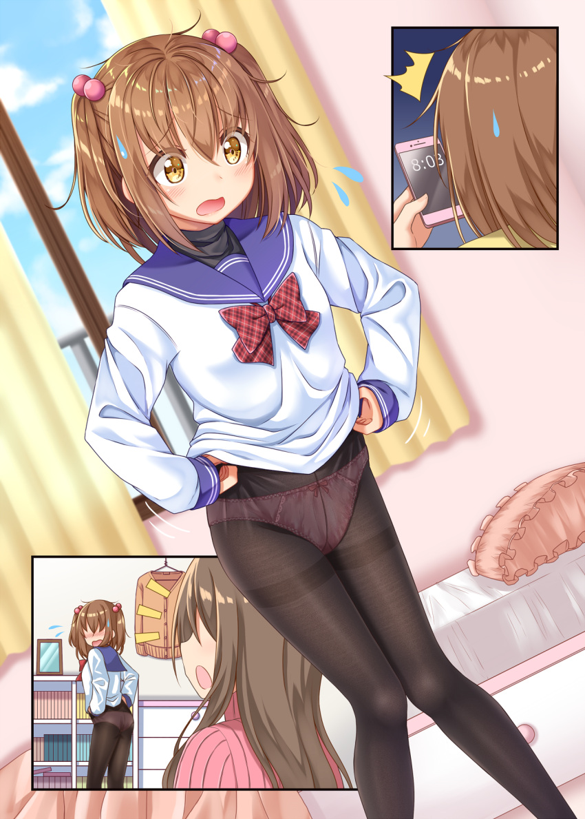 2girls ashida_machi ass bangs bed bedroom black_legwear blush bow bow_panties brown_eyes brown_hair caught cellphone comic commentary_request curtains dressing gurande_(g-size) hair_bobbles hair_ornament highres holding holding_phone indoors long_hair long_sleeves looking_back messy_hair multiple_girls no_pants open_mouth original panties panties_under_pantyhose pantyhose phone pink_panties school_uniform serafuku short_hair smartphone standing sweatdrop thighband_pantyhose two_side_up underwear window