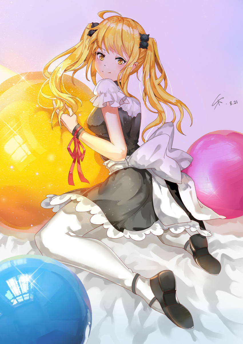 1girl absurdres ahoge ball black_dress black_shoes blonde_hair brown_eyes dai-jun dated dress hair_ornament highres kneeling looking_at_viewer looking_back shoes smile solo sparkle twintails white_legwear wristband