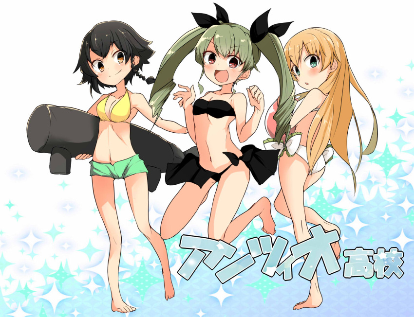 3girls anchovy bangs barashiya bikini black_bikini black_hair black_ribbon blonde_hair braid breasts brown_eyes carpaccio closed_mouth commentary_request drill_hair eyebrows_visible_through_hair full_body girls_und_panzer green_eyes green_hair green_shorts hair_ribbon holding inflatable_toy jumping long_hair looking_at_viewer looking_back medium_breasts multiple_girls open_mouth parted_lips pepperoni_(girls_und_panzer) red_eyes ribbon sarong short_hair shorts side-tie_bikini side_braid smile sparkle standing standing_on_one_leg strapless strapless_bikini swimsuit twin_drills twintails w_arms white_bikini yellow_bikini_top